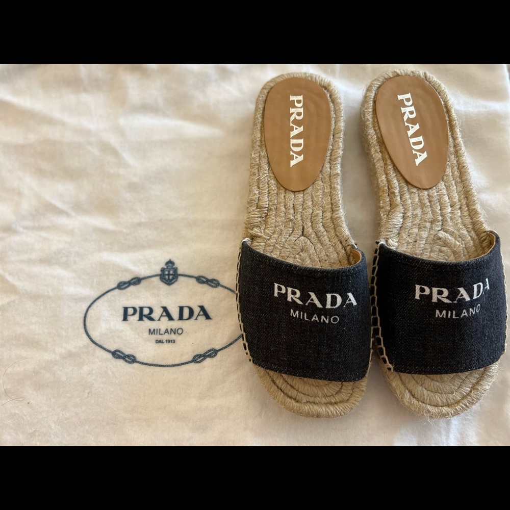 BRAND NEW Prada denim Logo Flat Espadrille Sandals - Picture 2 of 6